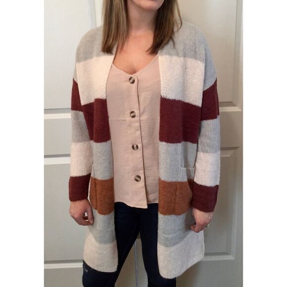 Knox Rose Women’s Size XL Color Block Open Front Midi Cardigan - Picture 3 of 13